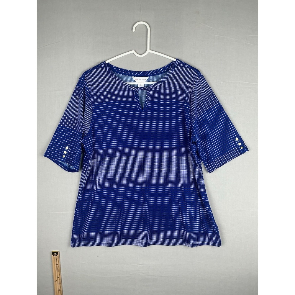 Liz Claiborne‎ Womens Large Blue Polka Dot Blouse Short Sleeve Stretch Top